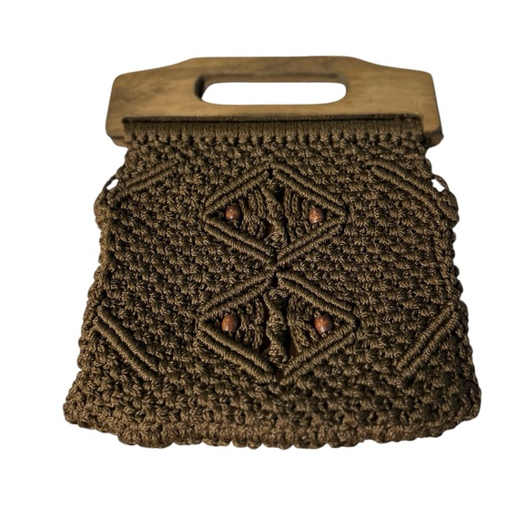 Vintage Handcrafted Brown Macrame Bag with Wood Handle